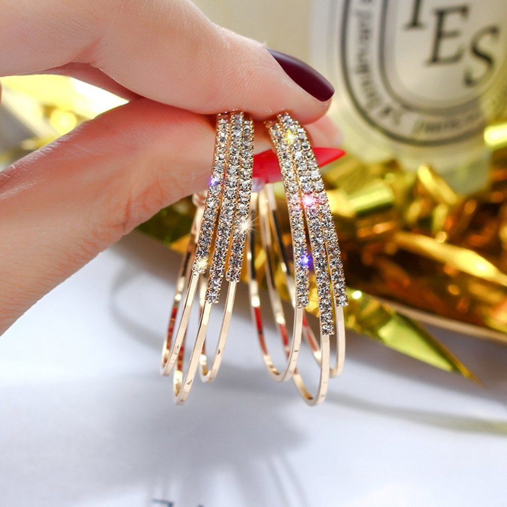 NEW 1.75'' Gold Round Diamond Triple Layer Hoop - Picture 8 of 8
